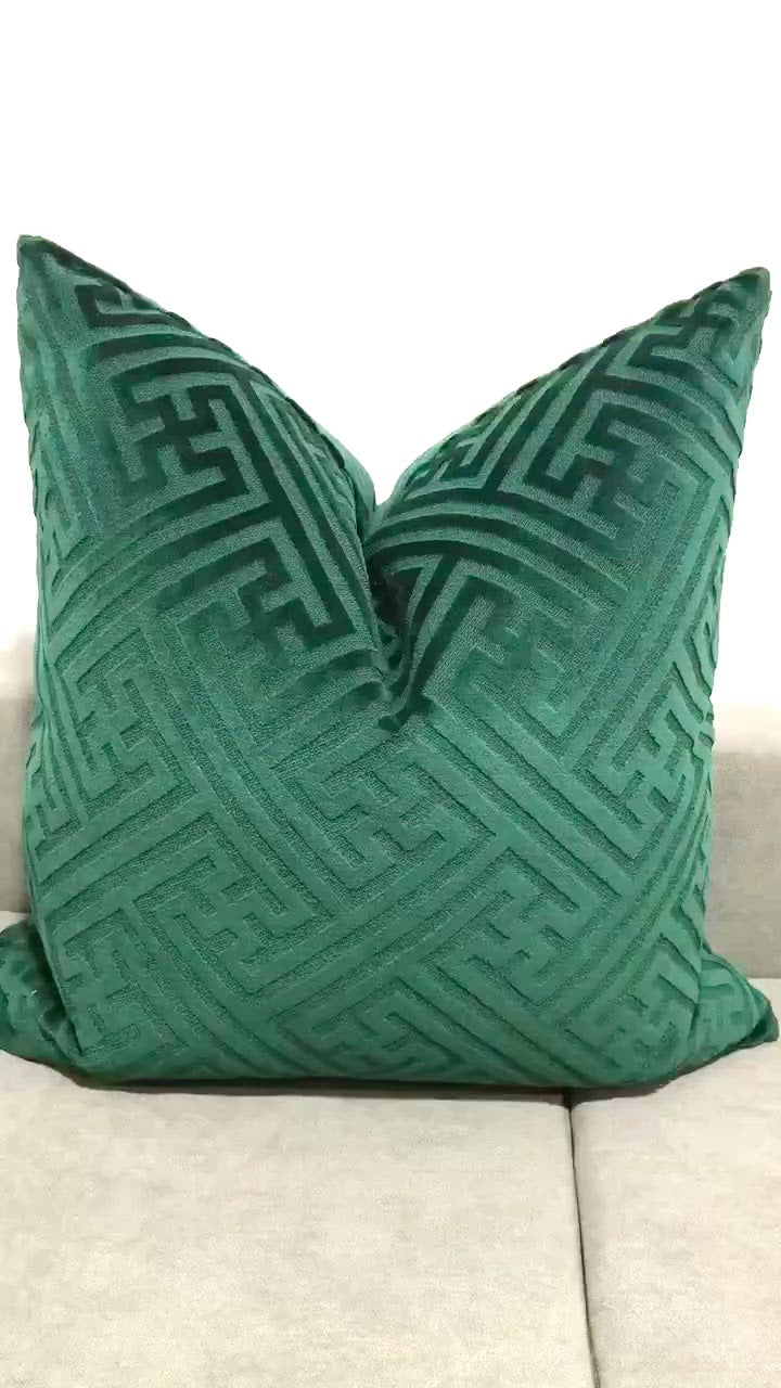 Load video: 22x22 Dark Green Geometric Velvet Pillow Cover