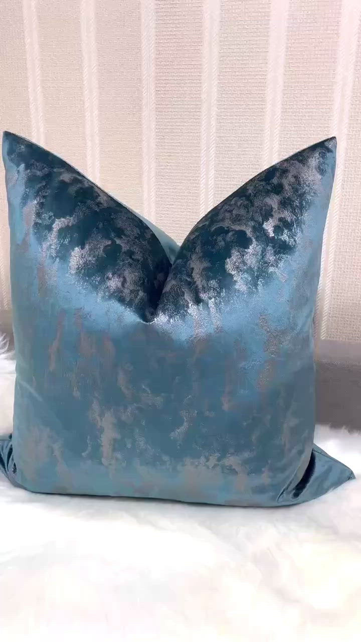 Load video: 22x22 Blue and Ivory Tone Velvet Pillow Cover